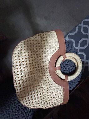 Universal Thread Natural Straw Tote with Brown Trim and Round Handles
